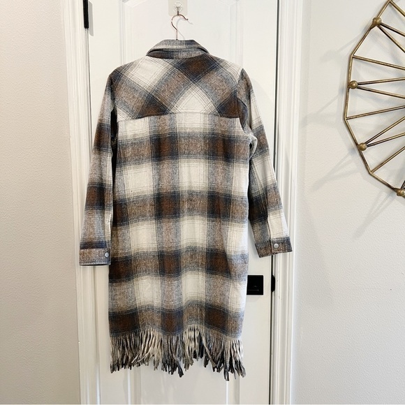 Umgee Plaid Fringe Hem Long Jacket  blue and cream sz Small - Picture 5 of 8